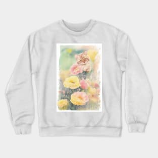 Soft color Striped Yellow cat in the Flower Garden Crewneck Sweatshirt